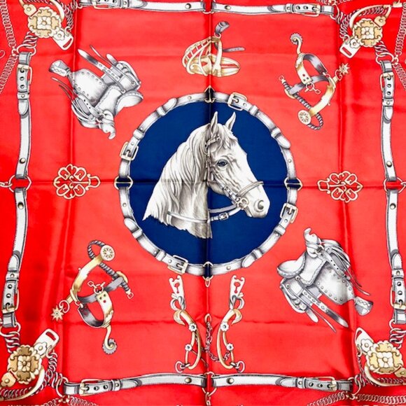 Unused Celine Paris 100% Silk Scarf Satin 34" Horse Red Blue Gold (36 - Picture 9 of 16